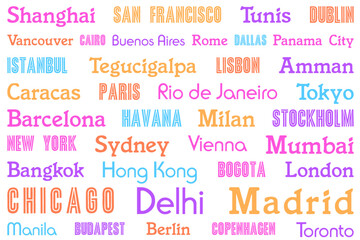 Global destination colorful city names text design