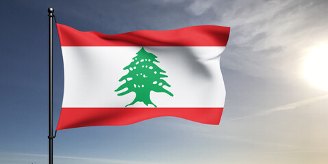 Lebanon national flag cloth fabric waving on beautiful grey sky Background.