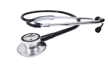 Isolation white background  close up a medical black stethoscope, tool, top view, Health care...