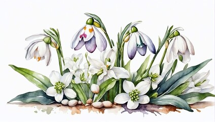 Snowdrop colorful flower watercolor isolated on white background