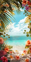 Fototapeta na wymiar summer luxury background, sea view, tropical flowers and palm trees around, summer concept, vacation by the sea