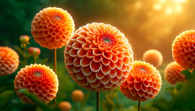 A highly detailed and vibrant image of three spherical, orange pompon dahlias with intricate, perfectly arranged petals, in full bloom
