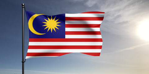 Malaysia national flag cloth fabric waving on beautiful grey sky Background.