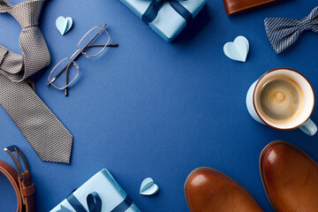Celebrate Father's Day with a curated display of morning essentials like coffee and elegant accessories, all set on a bold blue background