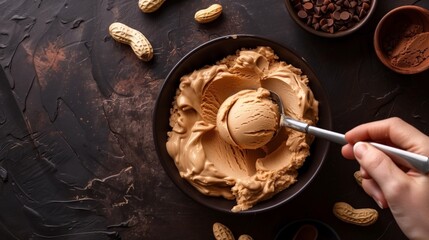 A bowl of creamy peanut butter ice cream with a hand scooping it on a dark table.