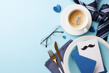 Father's Day setup with coffee, tie, glasses, card with mustache on a blue backdrop - obrazy, fototapety, plakaty