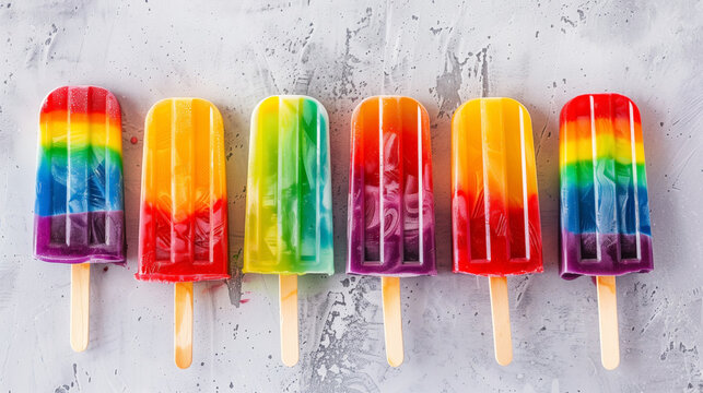 Colorful rainbow patterned popsicles on a textured grey background