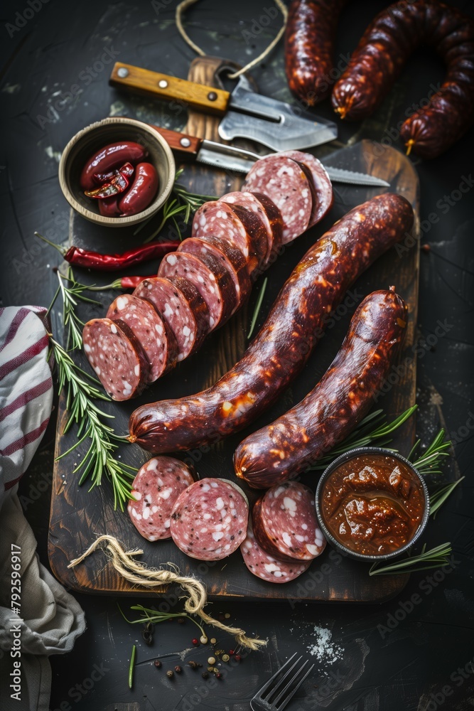 Canvas Prints Artisanal sliced sausages and spices on a wooden cutting board with rustic kitchenware.