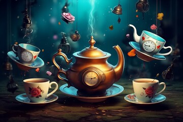 scene from Alice in Wonderland with flying teapots and cups. Tea pouring from flying teapots into floating cups