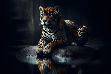 jaguar sitting on a rock in the dark with a reflection in the water - obrazy, fototapety, plakaty