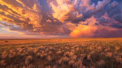 Dramatic skies at sunset in southeastern Wyoming sage - obrazy, fototapety, plakaty
