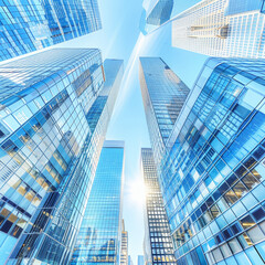 A city skyline with tall buildings and a clear blue sky. The buildings are made of glass and are very tall, creating a sense of awe and grandeur. The sky is bright and sunny