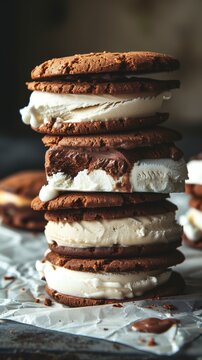 A close-up image showcasing a stack of chocolate cookies with cream filling