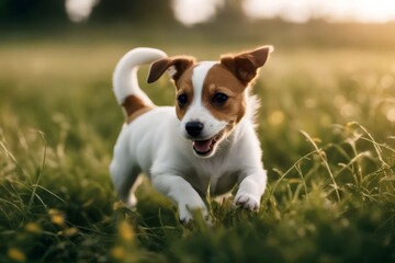 'summer puppy running space active grass web banner jack copy pet russel dog happy run cute funny jump background ear listening spring green small terrier training animal website love care smiling'