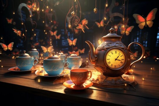 scene from Alice in Wonderland with flying teapots and cups. Tea pouring from flying teapots into floating cups