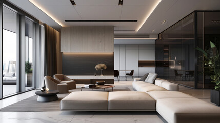 Opulent living room space with modern sofas, sleek surfaces, and ambient lighting, embodying luxury and comfort