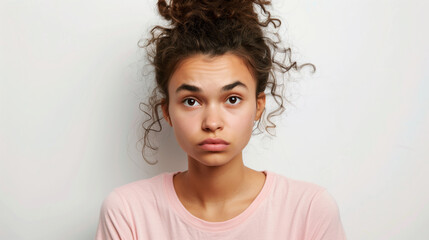 Young woman's portrait, conveying a profound sense of sadness with her downcast eyes and somber expression, set against a minimalist white backdrop - obrazy, fototapety, plakaty