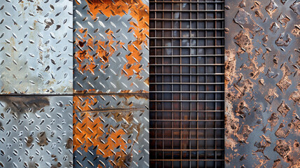 Industrial metal set with rusted textures, diamond plate grids for hardware branding.