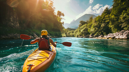 Kayaker paddling on a tranquil river with lush greenery and mountains in the background