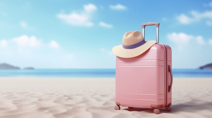 Pink suitcase with a stylish hat, ready for beach holiday themes, with ample space for promotional text against a tropical backdrop