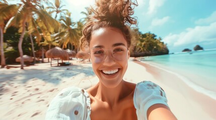 Close-up selfie of a joyful young woman on a sunny tropical beach with palm trees