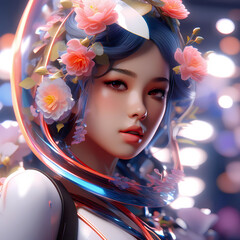 portrait of a robot woman with flowers, machine learning programme, robotic future technology concept, sharp detailed illustration, perfect composition