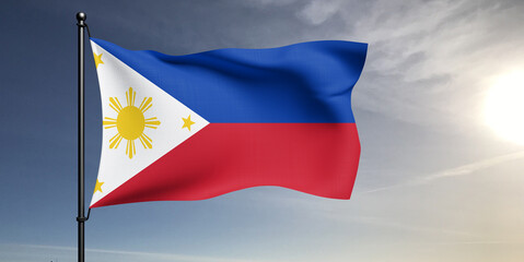 Philippines national flag cloth fabric waving on beautiful grey sky Background.