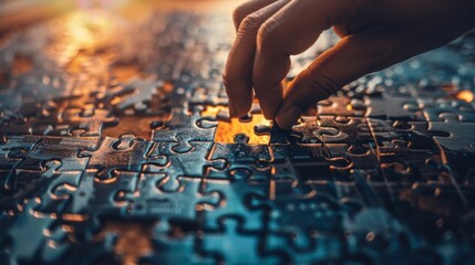 A hand reaches out carefully adding the final piece to a complex puzzle representing the satisfaction of a successful data ysis and solution. .