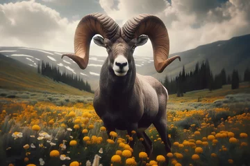 Foto op Plexiglas rocky mountain bighorn standing in a field of yellow flowers with a large horn © Borneo