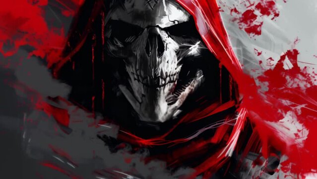 The Grim Reaper wearing a red hood and baring sharp fangs. His red eyes glow against the black background, creating an eerie atmosphere. 
