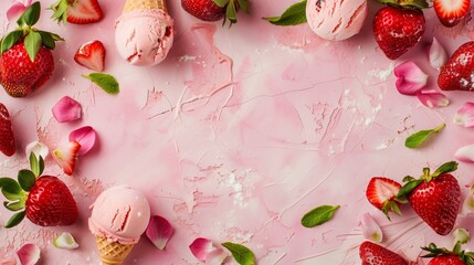 Strawberry ice cream cones and fresh strawberries with petals on a pink background