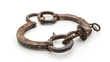 Old rusty chain is padlocked with a keyed padlock isolated on white background. 
