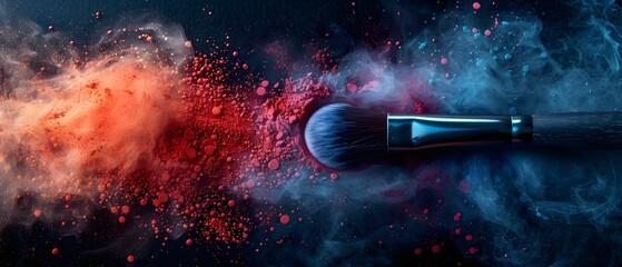 Vibrant Makeup Brush and Dust Particles on a Black Background for Fashion. Concept Fashion Photography, Makeup Brushes, Vibrant Colors, Dust Particles, Black Background - obrazy, fototapety, plakaty