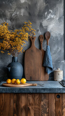A wooden cutting board with a lemon and a vase of flowers on top of it