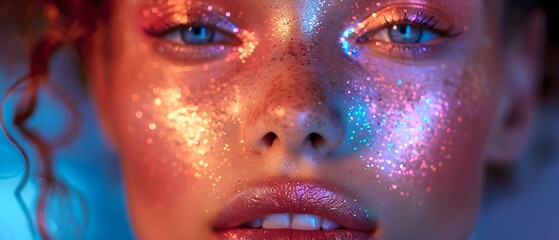 Fashion model with metallic silver lips in neon lights trendy makeup. Concept Fashion Photography, Metallic Lips, Neon Lights, Trendy Makeup, Fashion Model