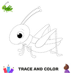 Trace and color educational worksheet for kids. Tracing grasshopper. Activity color pages