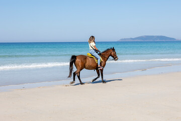 A female equestrian rides a brown horse along the shoreline with clear blue waters and a...