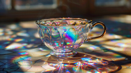 : A translucent tea cup catching the light, creating mesmerizing reflections - obrazy, fototapety, plakaty