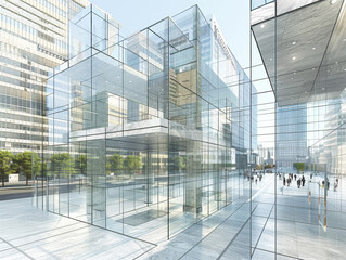 A large glass building with a lot of windows and people walking around