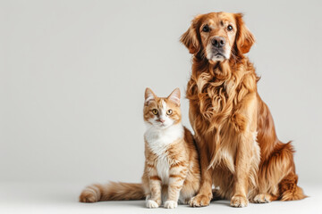 Fototapeta premium Dog and Cat sitting together against beige background. Pets posing and looking at camera. Friendship between dog and cat.
