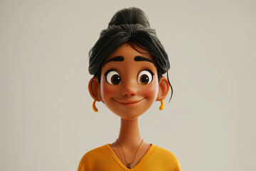Smiling Indian cartoon character young woman female girl person portrait wearing modern clothes in 3d style design on light background. Human people feelings expression concept