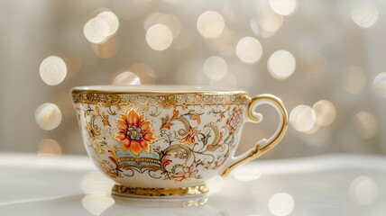  An ornate tea cup adorned with intricate designs, on a white surface  - obrazy, fototapety, plakaty