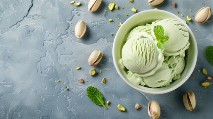 Bowl of pistachio ice cream with scattered nuts and mint leaves on a textured background. - obrazy, fototapety, plakaty