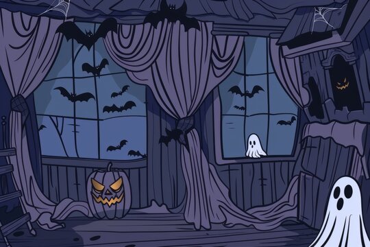 Cartoon cute doodles of a spooky haunted house with cobwebs in the corners, bats in the attic, and ghosts peeking out from behind curtains, Generative AI