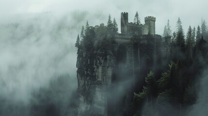 Towering medieval fortress atop a craggy cliff, surrounded by a dense misty forest, evoking an eerie, untouched by time vibe, perfect for D&D maps. - obrazy, fototapety, plakaty