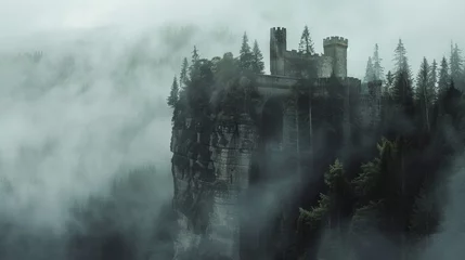 Fotobehang Towering medieval fortress atop a craggy cliff, surrounded by a dense misty forest, evoking an eerie, untouched by time vibe, perfect for D&D maps. © Paul