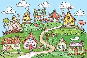 Cartoon cute doodles of a suburban cul-de-sac with identical houses, each with a unique garden gnome or decoration in the front yard, Generative AI