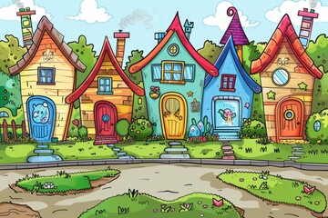 Cartoon cute doodles of a suburban cul-de-sac with identical houses, each with a unique garden gnome or decoration in the front yard, Generative AI