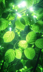 Bask in the radiant beauty of lush green leaves as sunlight gently caresses their vibrant surface. Each leaf is a testament to nature's abundance, bursting with vitality and freshness. The interplay o