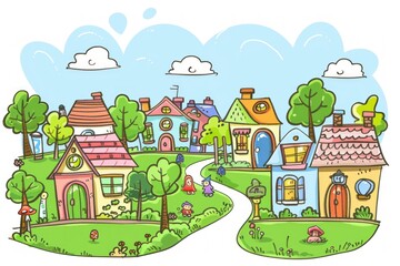 Cartoon cute doodles of a suburban cul-de-sac with identical houses, each with a unique garden gnome or decoration in the front yard, Generative AI